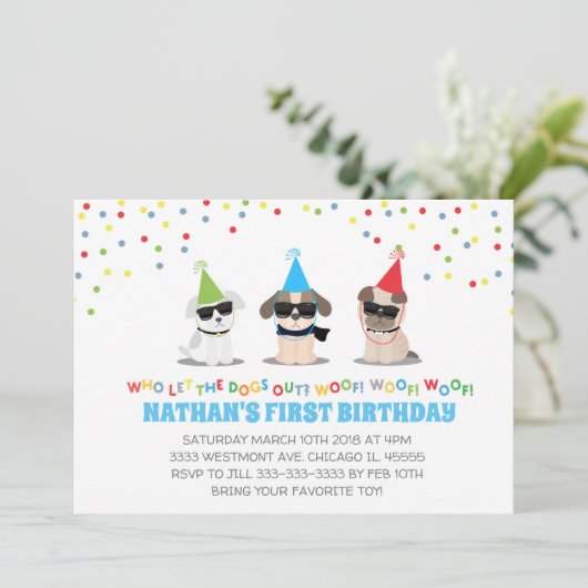 Puppy Verjaardagsfeestje uitnodiging, honden uit f Kaart (Staand voorkant)