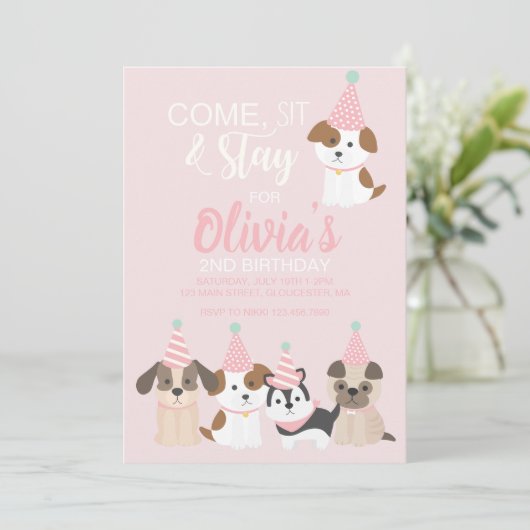 Puppy verjaardagsfeestuitnodiging Roze Kaart (Staand voorkant)
