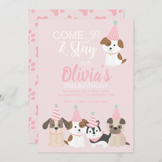 Puppy verjaardagsfeestuitnodiging Roze Kaart (Voorkant / Achterkant)