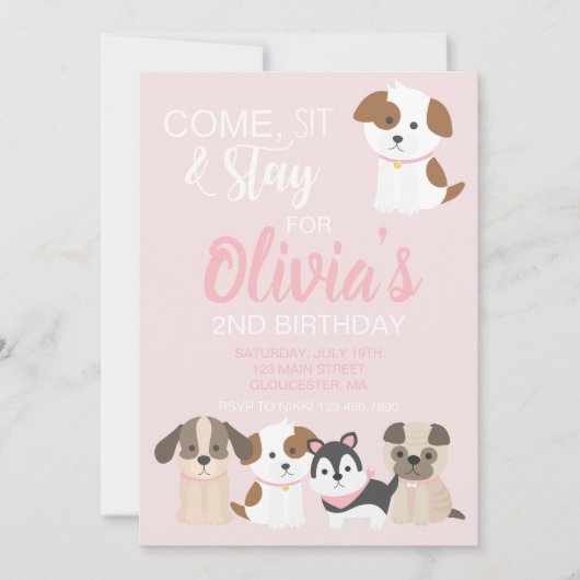 Puppy verjaardagsfeestuitnodiging Roze Kaart (Voorkant)
