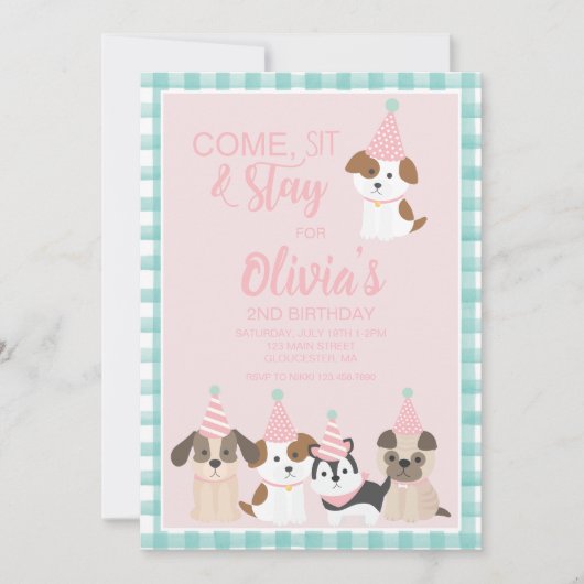 Puppy verjaardagsfeestuitnodiging Roze Kaart (Voorkant)