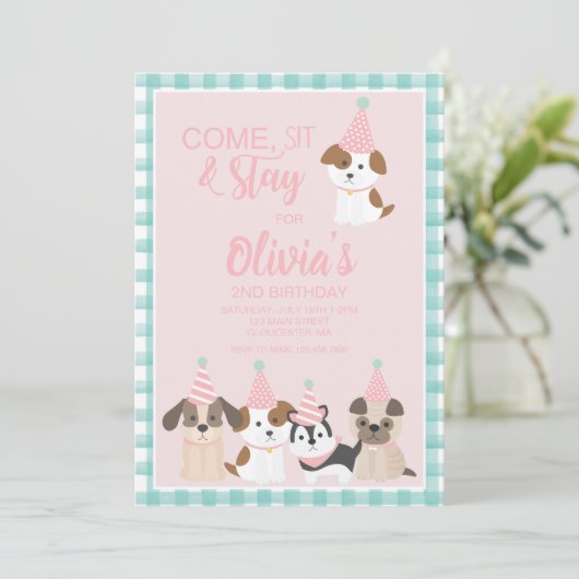 Puppy verjaardagsfeestuitnodiging Roze Kaart (Staand voorkant)
