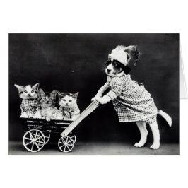 Puppy with Three Kittens in a Carriage