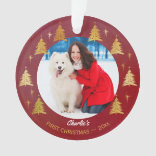 Puppyhond Eerste Kerstmis Huisdier Foto Rode Boom Ornament