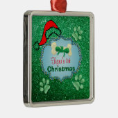 Puppys 1e kerst groene faux glitter Santa Hat Metalen Ornament (Rechts)