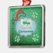 Puppys 1e kerst groene faux glitter Santa Hat Metalen Ornament (Links)