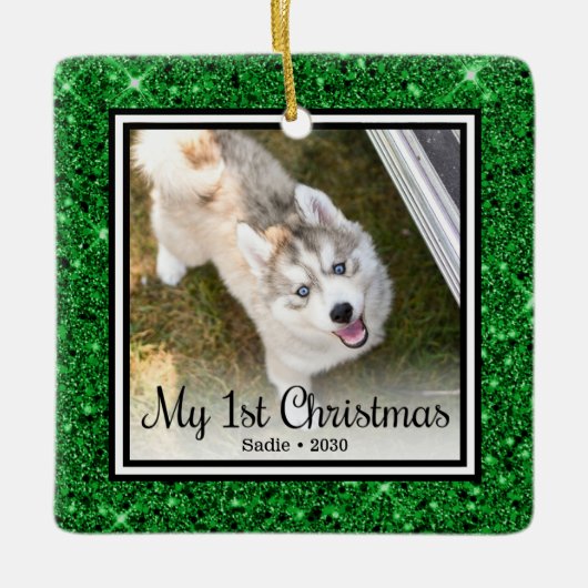 Puppy's 1e Kerstmis 2 Foto Keramisch Ornament (Voorkant)