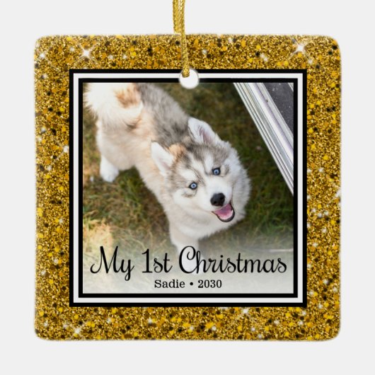 Puppy's 1e Kerstmis 2 Foto Keramisch Ornament (Voorkant)