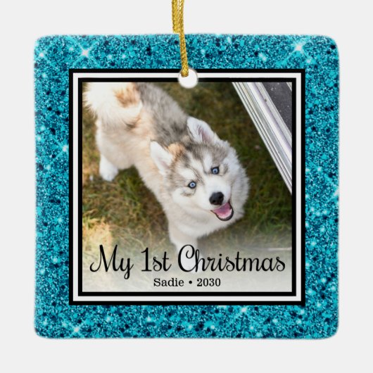Puppy's 1e Kerstmis 2 Foto Keramisch Ornament (Voorkant)
