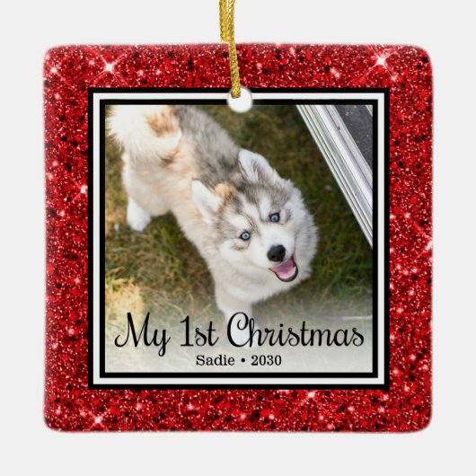 Puppy's 1e Kerstmis 2 Foto Keramisch Ornament (Voorkant)