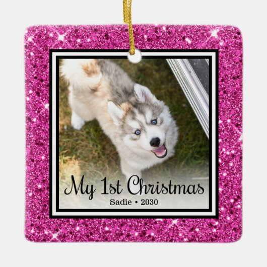 Puppy's 1e Kerstmis 2 Foto Keramisch Ornament (Voorkant)