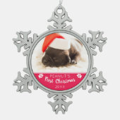 Puppy's eerste Kerst Aangepaste foto Hondennaam Ja Tin Sneeuwvlok Ornament (Voorkant)