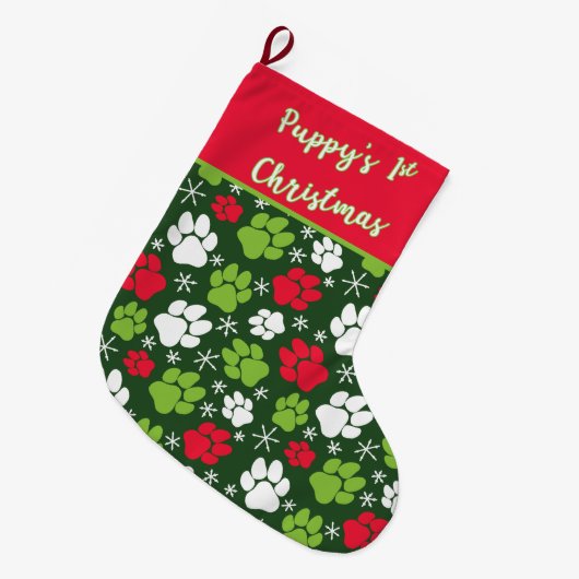 Puppy's eerste kerst rood en groen grote kerstsok (Voorkant (Hangend))