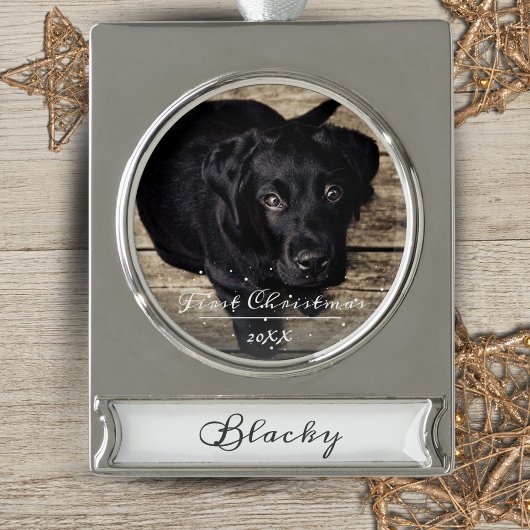 Puppy's eerste kerstcadeauscript Ornament foto's Verzilverd Banner Ornament