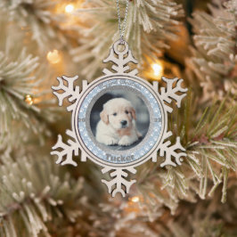 Puppy's eerste kerstfoto Blauwe Pauw Print Tin Sneeuwvlok Ornament