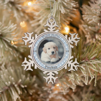 Puppy's eerste kerstfoto Blauwe Pauw Print Tin Sneeuwvlok Ornament