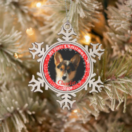 Puppy's eerste kerstfoto tin sneeuwvlok ornament