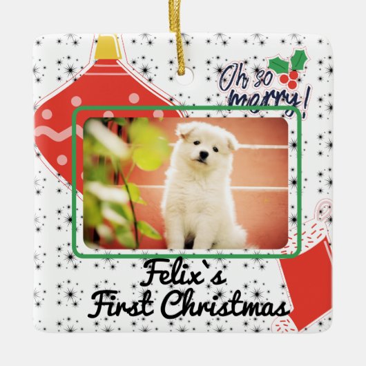 Puppy's eerste kerstjaar met de aangepaste naam keramisch ornament (Voorkant)