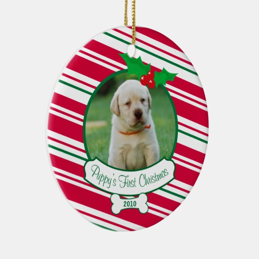Puppy's Eerste Kerstmis - Candy Cane Keramisch Ornament (Rechts)