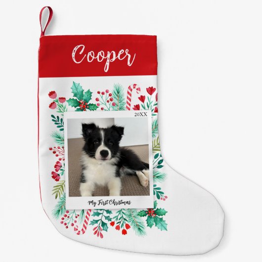 Puppy's Eerste Kerstmis Foto en Naam Kleine Kerstsok (Voorkant)