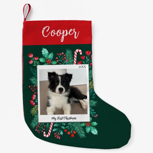 Puppy's Eerste Kerstmis Foto en Naam Kleine Kerstsok (Voorkant)