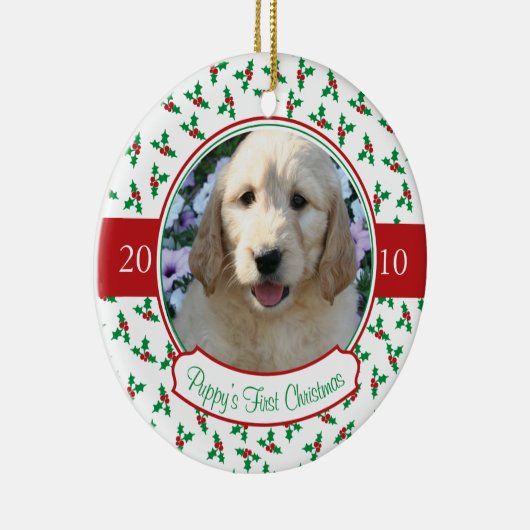 Puppy's Eerste Kerstmis - Holly & Berries Keramisch Ornament (Rechts)