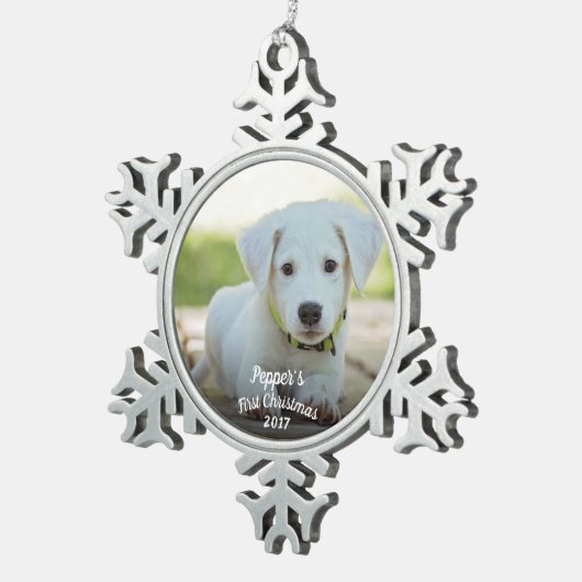 Puppy's eerste Kerstmis met naam + jaar Tin Sneeuwvlok Ornament (Rechts)