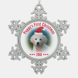Puppy's Eerste Kerstmis   Naam hond Tin Sneeuwvlok Ornament