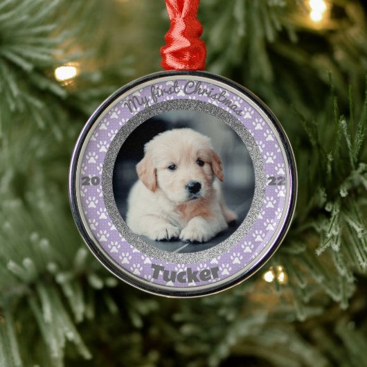 Puppy's eerste Paarse kerstafdrukken Metalen Ornament (Boom)