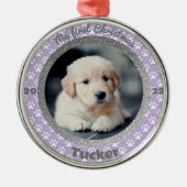 Puppy's eerste Paarse kerstafdrukken Metalen Ornament (Voorkant)