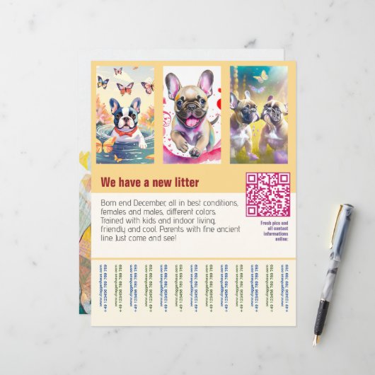 puppy's te koop flyer met QR-code oranje (Voorkant / Achterkant in situ)