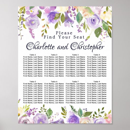 Puprle Floral-8-tafel weduwenkaart Poster (Voorkant)