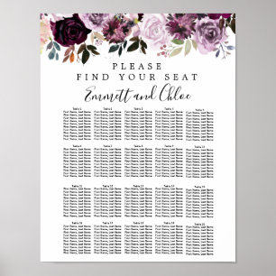 Puprle Pink Floral 20-Table Wedding Seating Chart Poster
