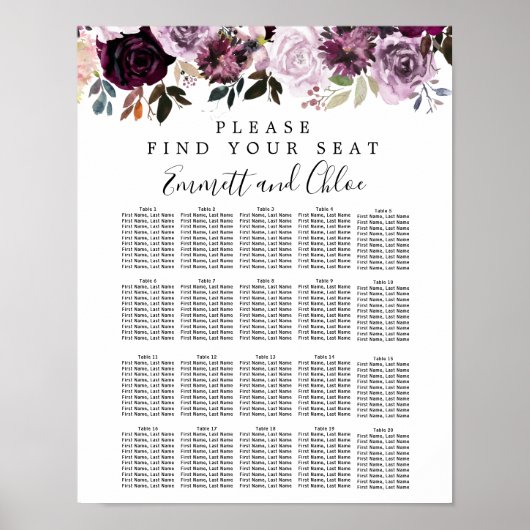 Puprle Pink Floral 20-Table Wedding Seating Chart Poster (Voorkant)