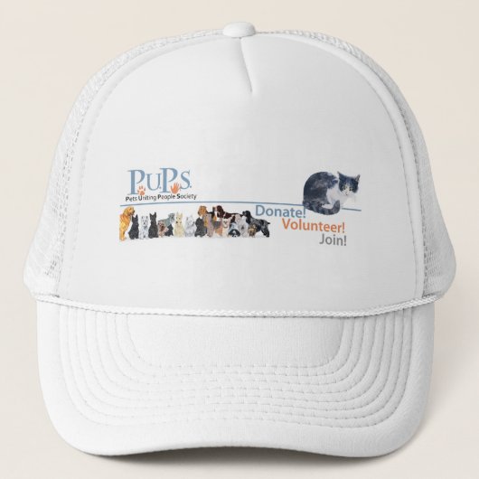 PUPs Logo Merchandise met Tuxedo Kat Trucker Pet (Voorkant)