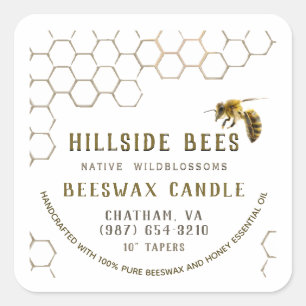 Pure Beeswax-kaarletiket met Honeycomb & Bee Vierkante Sticker