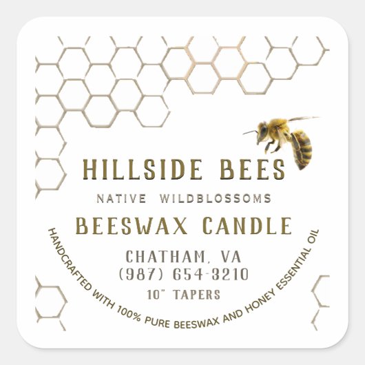 Pure Beeswax-kaarletiket met Honeycomb & Bee Vierkante Sticker (Voorkant)