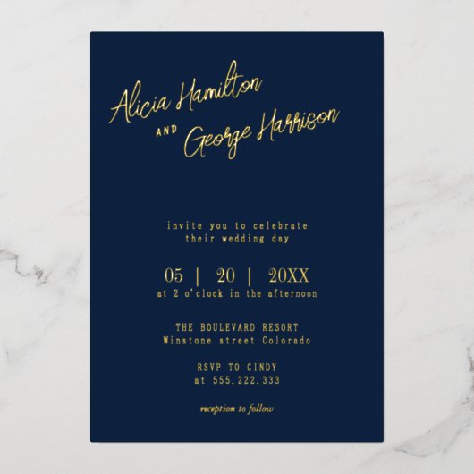 Pure Elegance: Een marineblauw en goudweddenschap Folie Uitnodiging (Voorkant)