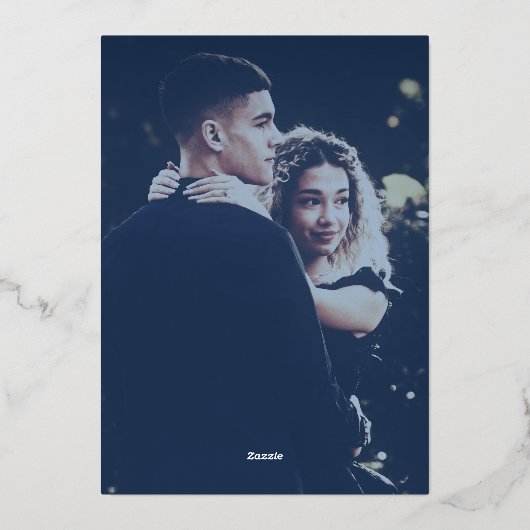 Pure Elegance: Een marineblauw en goudweddenschap Folie Uitnodiging (Achterkant)