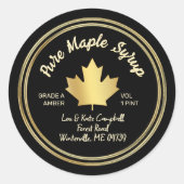 Pure esdoornsiroop gouden esdoornblad op zwart ronde sticker (Voorkant)