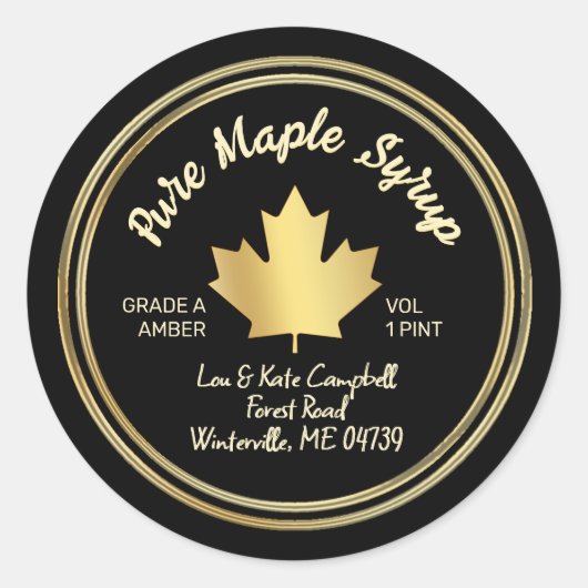 Pure esdoornsiroop gouden esdoornblad op zwart ronde sticker (Voorkant)