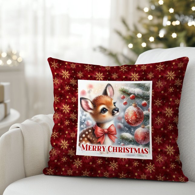 Pure feestelijke scène baby ree kerst kussen  (Pure festive scene baby fawn Christmas pillow (48))