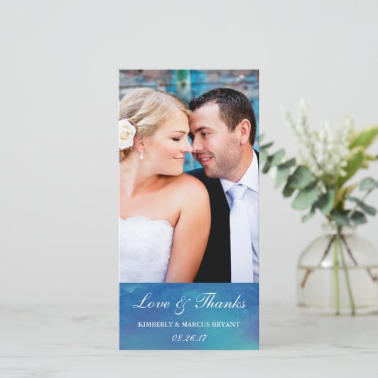 Pure liefde / Waterverf bruiloft fotokaart / blauw Bedankkaart (Staand voorkant)