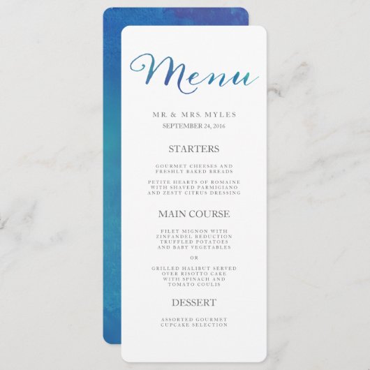 Pure Liefde Waterverf Bruiloft Menu / Ocean Blue (Voorkant / Achterkant)