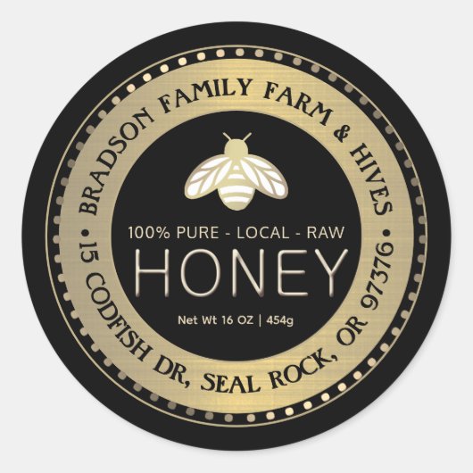 PURE LOCAL RAW HONEY label met gestileerde gouden (Voorkant)