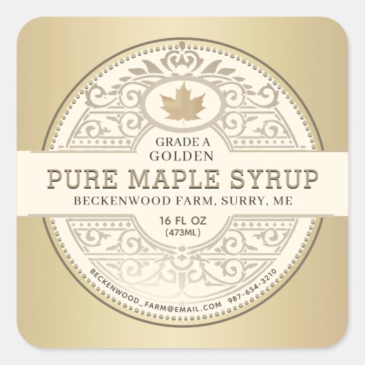 Pure lokale esdoornsiroop  label Metallic Gold (Voorkant)