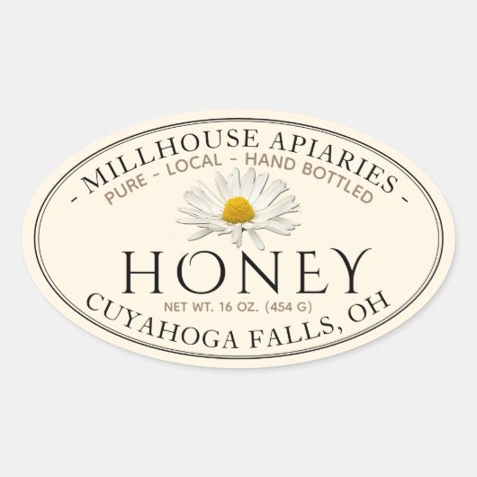 Pure lokale met de hand gebotte rauwe honing met m ovale sticker (Voorkant)