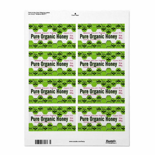 Pure Organic Honey Jar Personalized Etiket (Full Sheet)