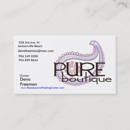 Pure Paisley Logo, Dena Freeman, 228 3rd Ave. N. Visitekaartje (Voorkant)