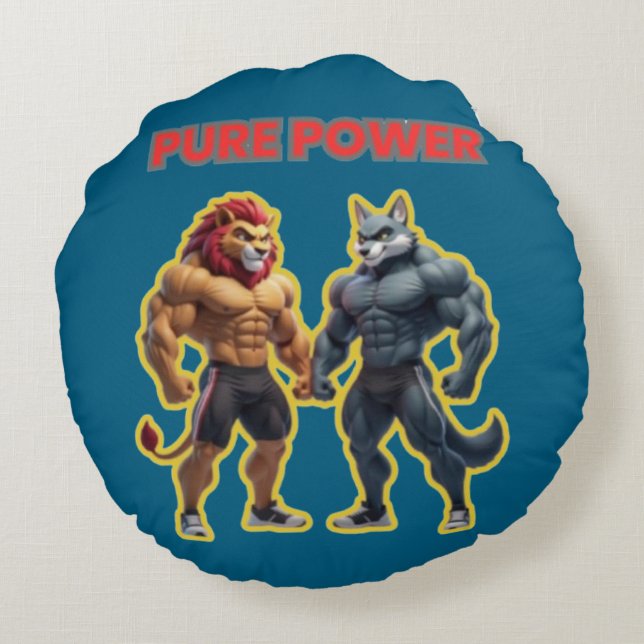 Pure Power – Strong Animal Muscle Cartoon Design Rond Kussen (Achterkant)
